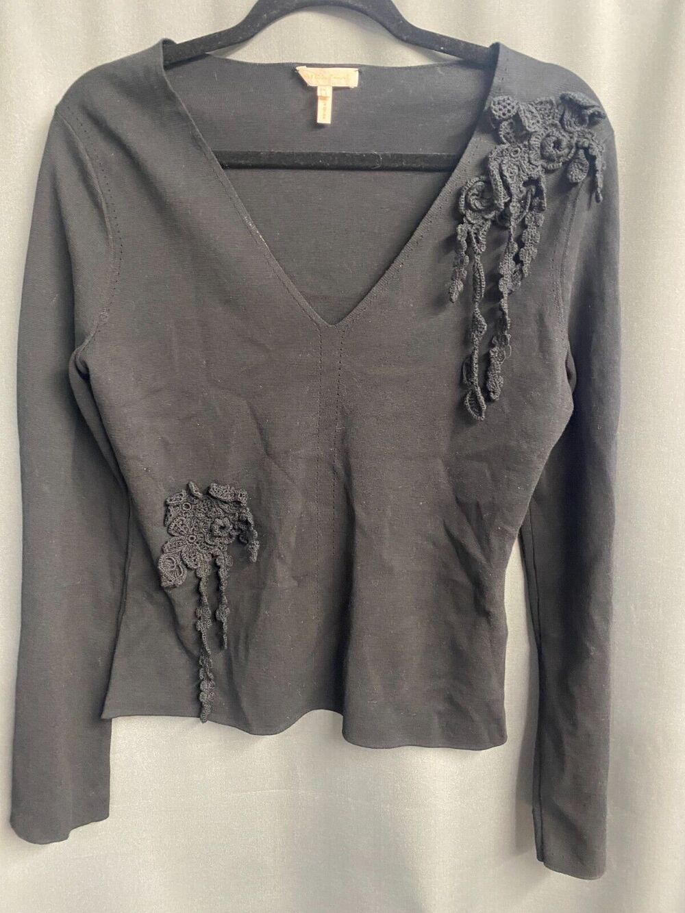 Rebecca Taylor Blouse Women's Small Black Crochet Floral Cotton Embroidered B71